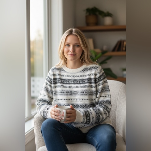 unknown Sweaters - Elegant White and Grey Wool Blend Patterned Sweater